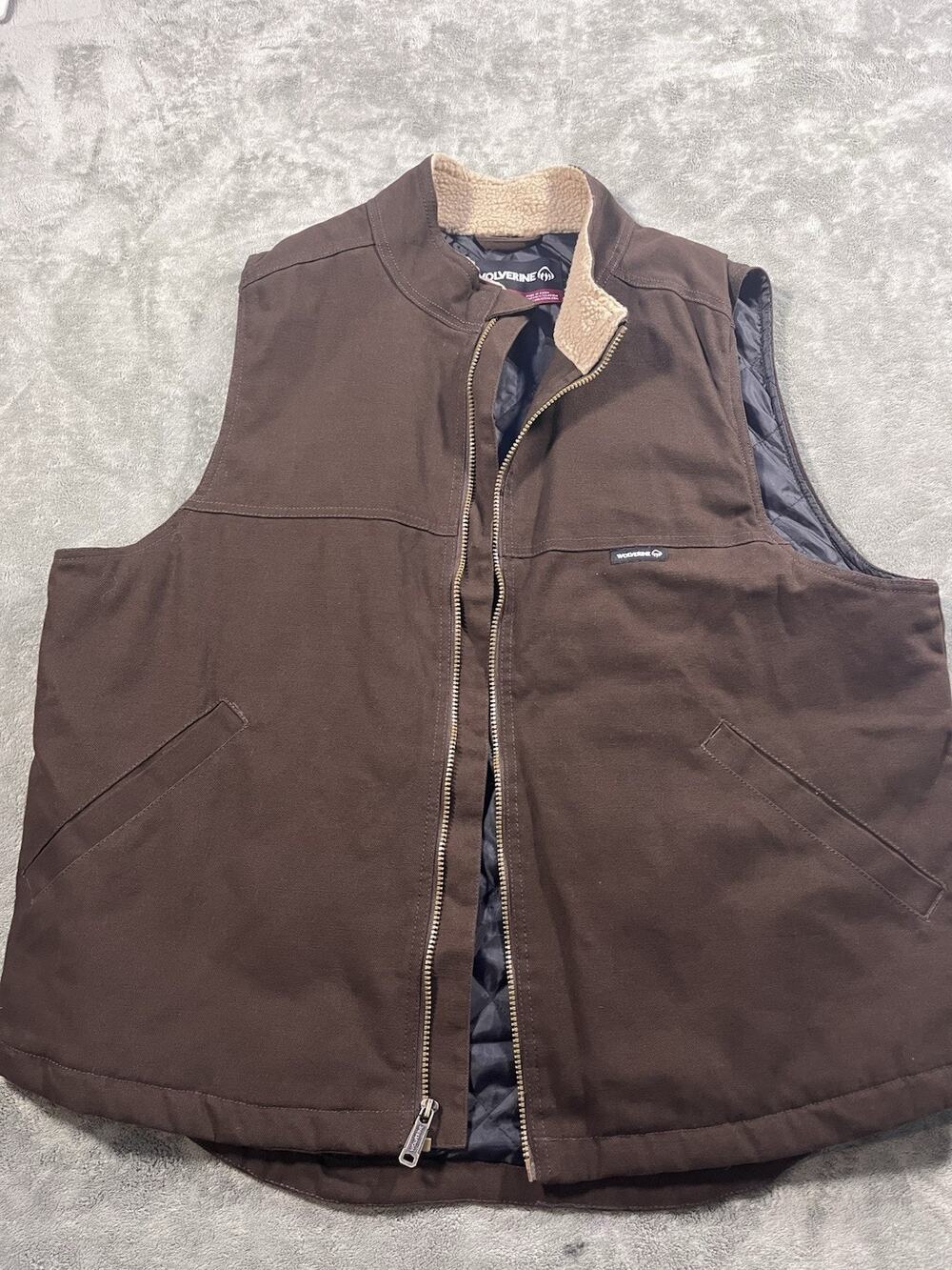 Wolverine Work Vest Mens XL Brown Duck Canvas Sherpa Collar Quilted Lined